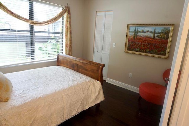 bedroom featuring dark hardwood / wood-style flooring and a closet