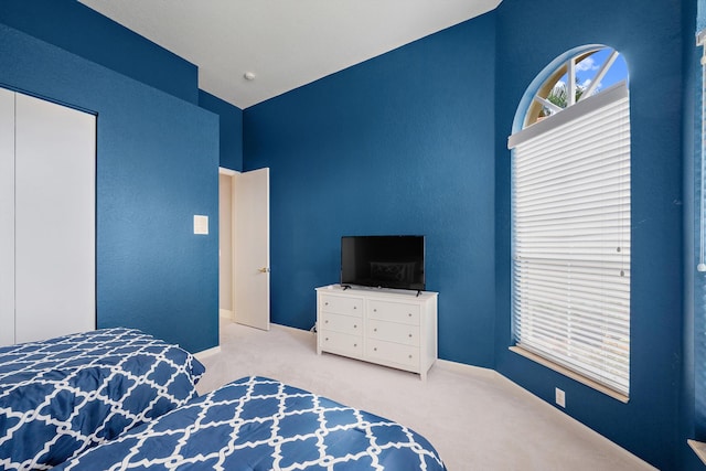 bedroom with a closet and light carpet