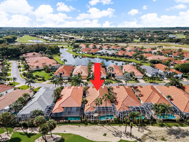 aerial view featuring a water view