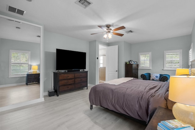 bedroom with ceiling fan and light wood-type flooring