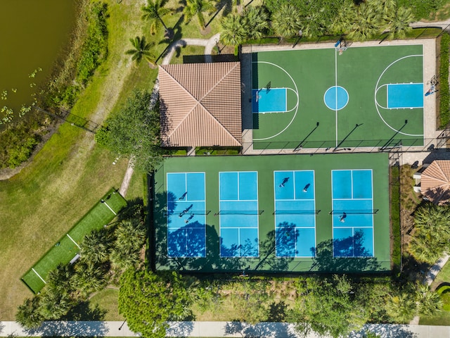 bird's eye view with a water view