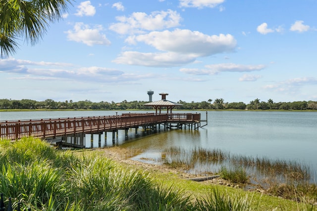 dock area with a water view and a gazebo