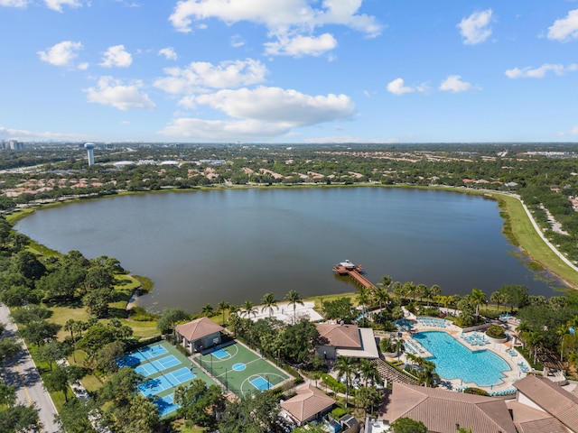 drone / aerial view with a water view