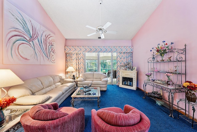 carpeted living room with lofted ceiling, a textured ceiling, and ceiling fan