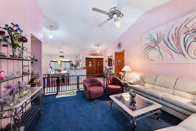 carpeted living room featuring lofted ceiling and ceiling fan