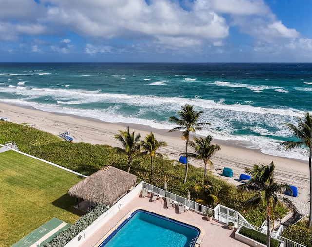 view of water feature with a beach view