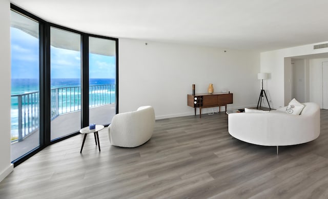 living room with expansive windows, wood-type flooring, and a water view