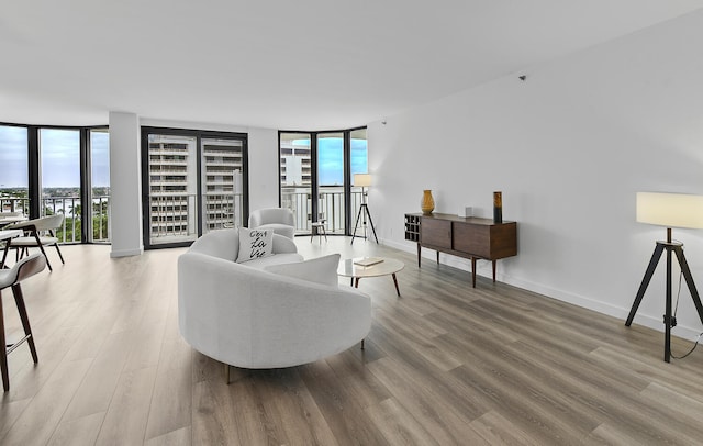 living room with floor to ceiling windows, a wealth of natural light, and hardwood / wood-style floors