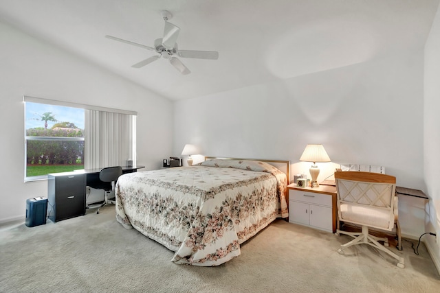 bedroom featuring ceiling fan, lofted ceiling, and carpet floors