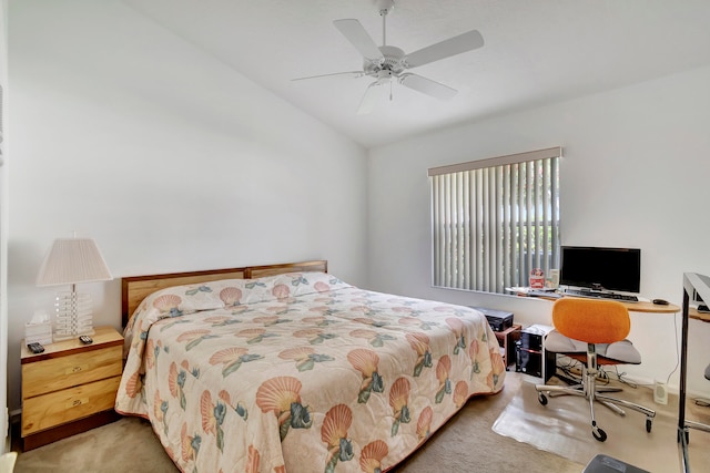 bedroom featuring light colored carpet and ceiling fan