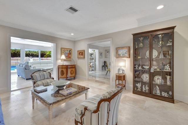 living room with crown molding