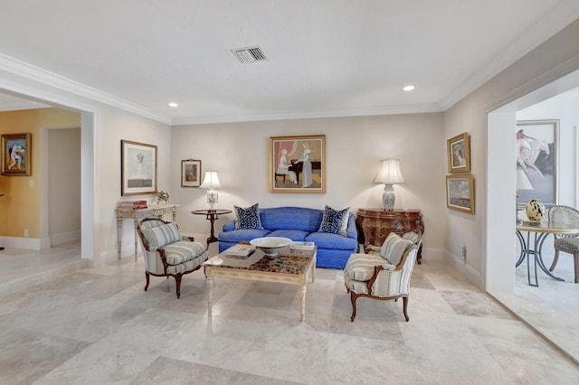 living room featuring crown molding