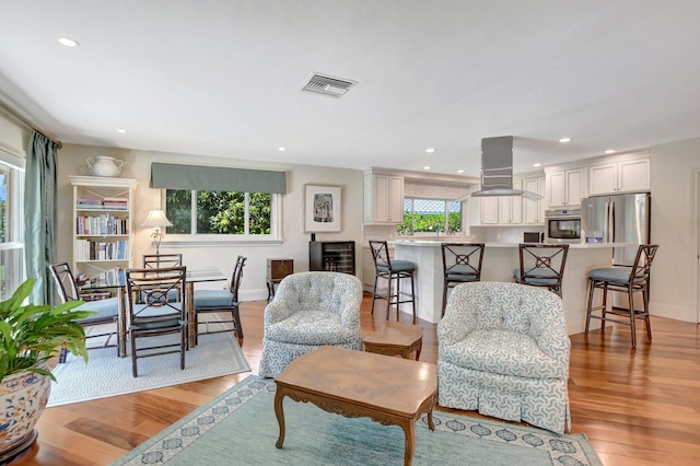 living room with light hardwood / wood-style flooring and a wealth of natural light