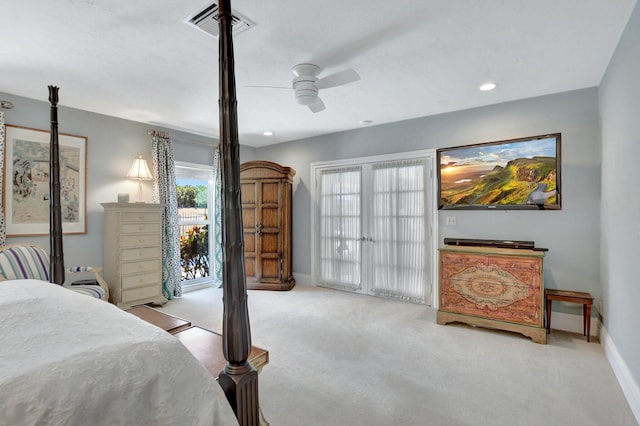 bedroom featuring ceiling fan, light carpet, and access to outside