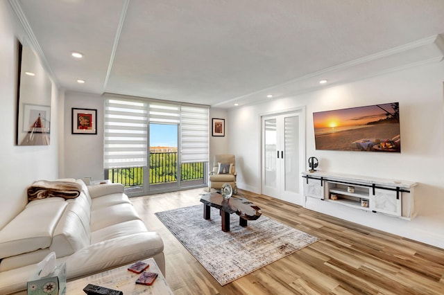 living room with light hardwood / wood-style floors, expansive windows, and crown molding