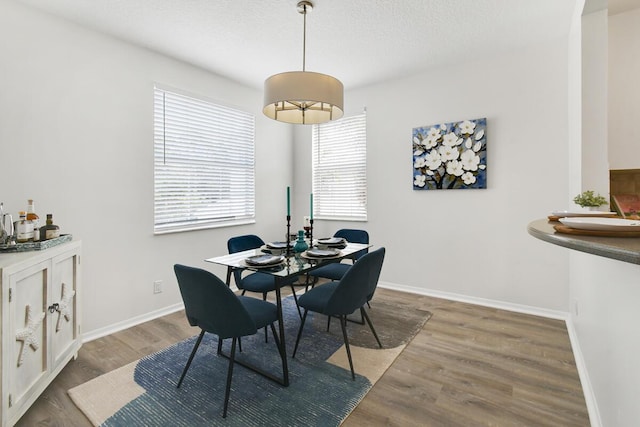 dining room featuring a textured ceiling, baseboards, and dark wood-style flooring