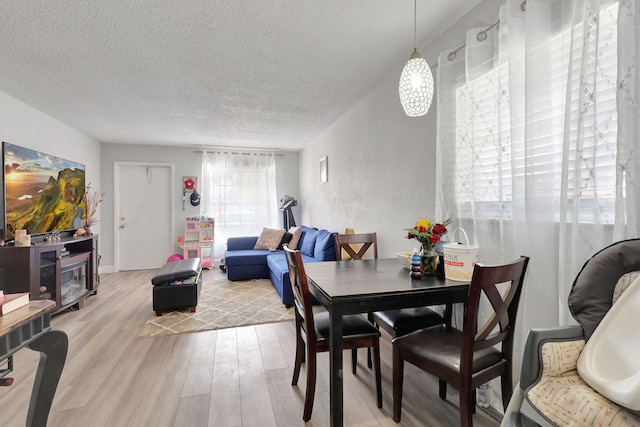 dining space with a textured ceiling and light hardwood / wood-style flooring