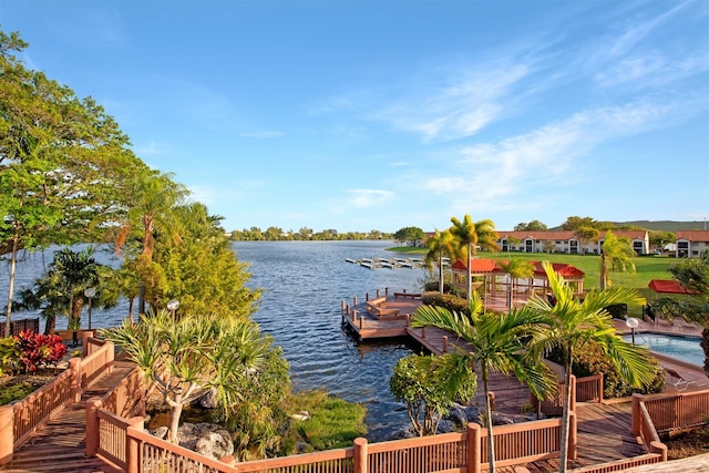 view of dock with a water view