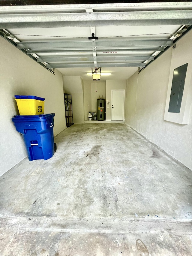 garage with a garage door opener, water heater, and electric panel