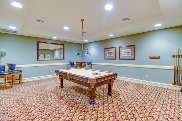 recreation room with a raised ceiling, carpet, and billiards