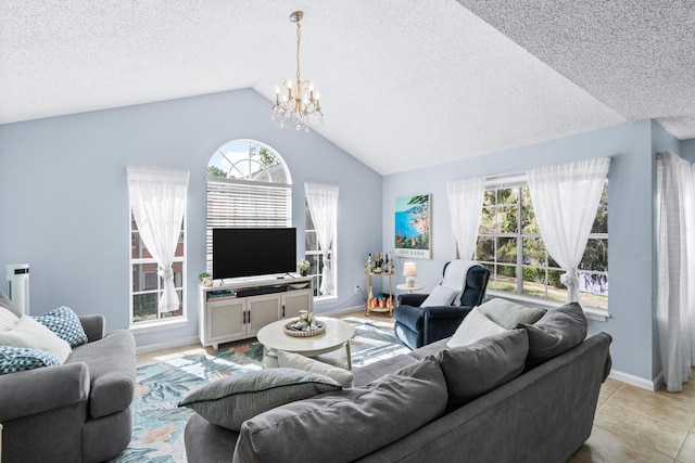 tiled living room featuring a textured ceiling, a chandelier, and vaulted ceiling