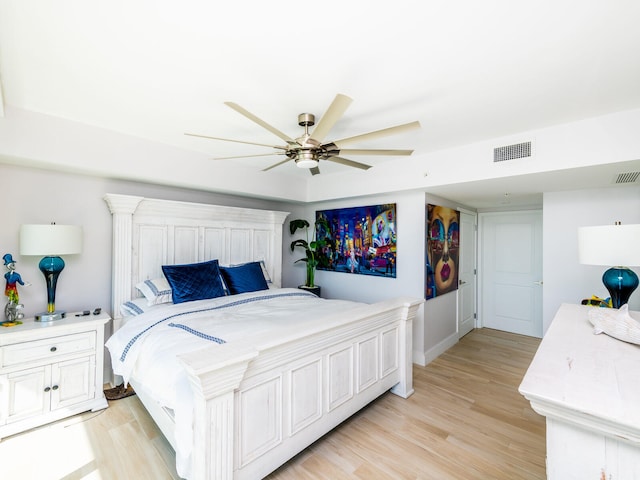 bedroom with ceiling fan and light hardwood / wood-style flooring