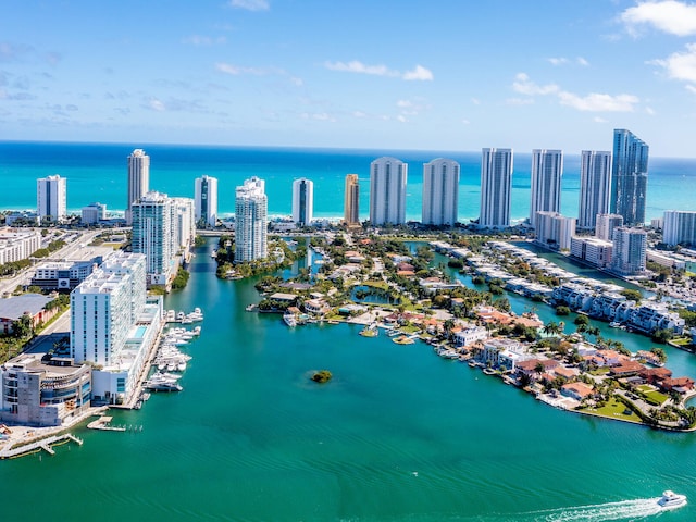 drone / aerial view featuring a water view