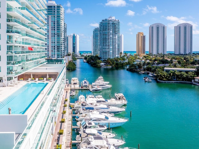 drone / aerial view featuring a water view