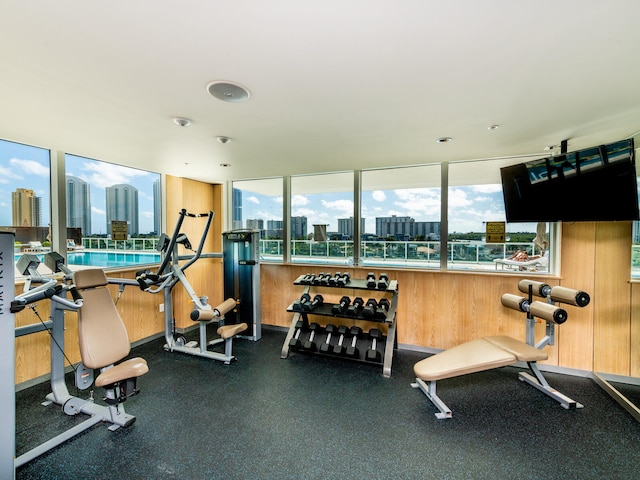 exercise room with a wealth of natural light and wooden walls