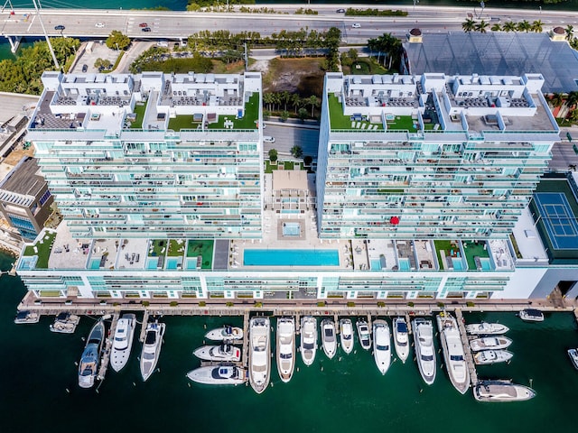 birds eye view of property featuring a water view