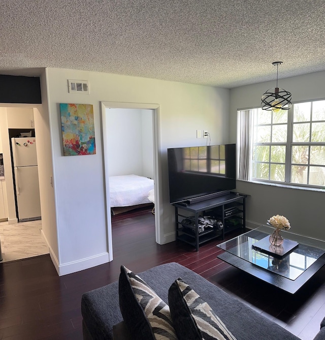 living room with a textured ceiling and dark hardwood / wood-style flooring