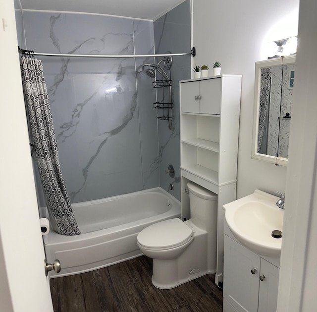 full bathroom with vanity, toilet, hardwood / wood-style flooring, and shower / bathtub combination with curtain