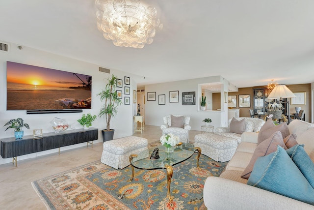 living room with a chandelier