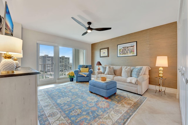 living room featuring ceiling fan