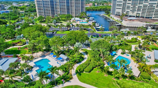 aerial view featuring a water view