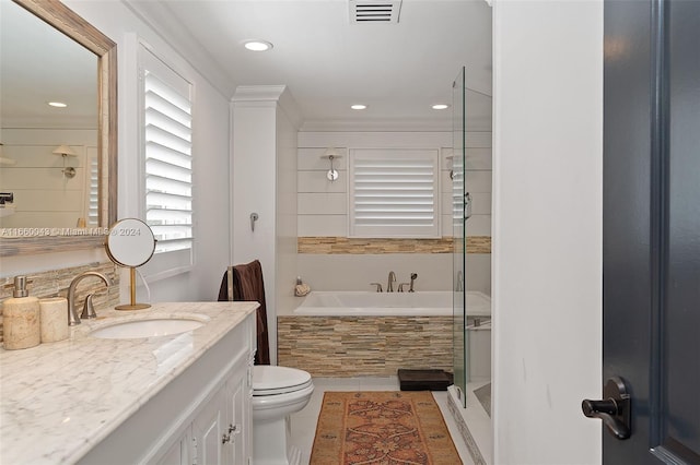 full bathroom featuring vanity, toilet, independent shower and bath, and tile patterned flooring