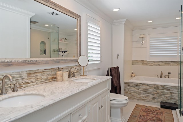 full bathroom with toilet, ornamental molding, vanity, plus walk in shower, and tile patterned floors