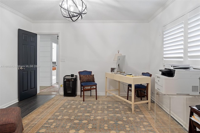 office area featuring ornamental molding, a chandelier, and wood-type flooring