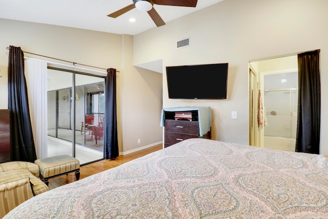 bedroom with lofted ceiling, hardwood / wood-style flooring, access to outside, and ceiling fan