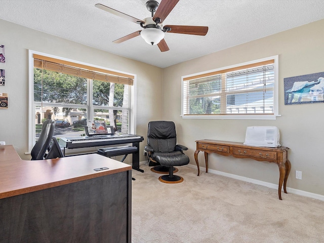 office featuring a textured ceiling, light colored carpet, and plenty of natural light