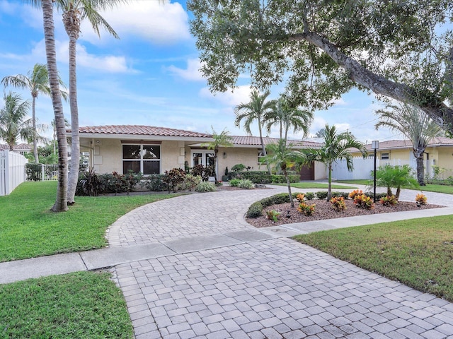 ranch-style home featuring a front lawn