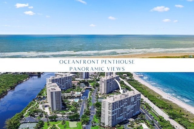 aerial view featuring a water view and a view of the beach