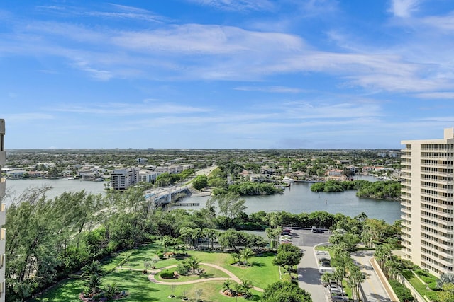 drone / aerial view with a water view