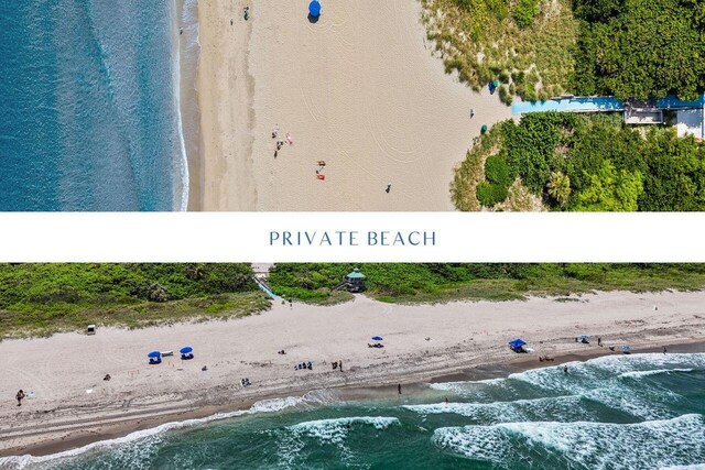 birds eye view of property featuring a water view and a view of the beach