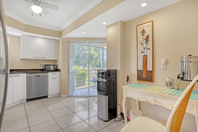 kitchen featuring white cabinetry, dishwasher, ceiling fan, crown molding, and light tile patterned floors