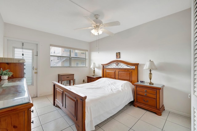 bedroom with light tile patterned flooring and ceiling fan