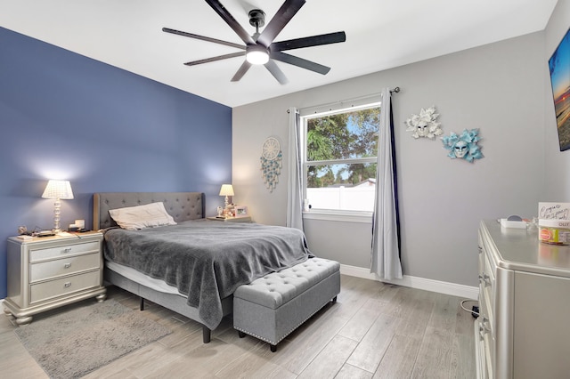 bedroom featuring ceiling fan and light hardwood / wood-style flooring