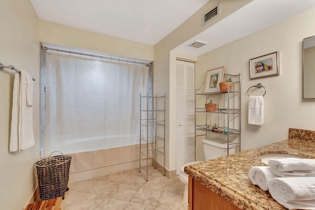 full bathroom featuring vanity, toilet, and shower / bathtub combination with curtain