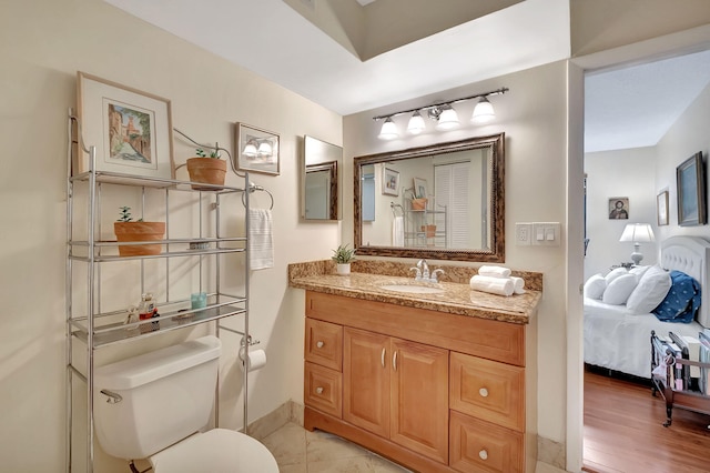 bathroom with vanity, toilet, and wood-type flooring