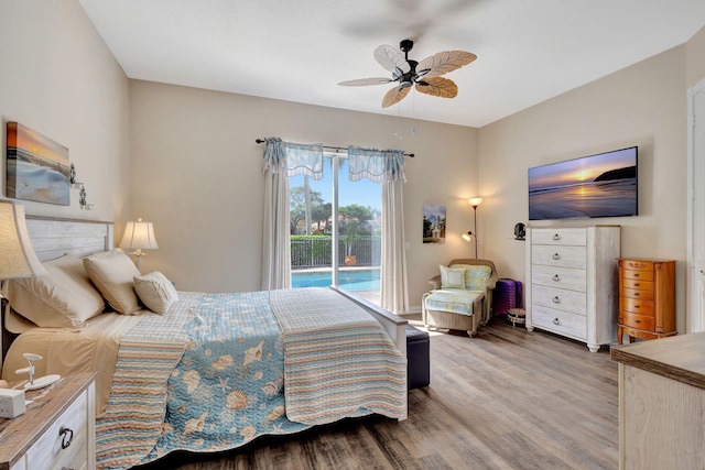 bedroom with access to outside, ceiling fan, and light hardwood / wood-style floors